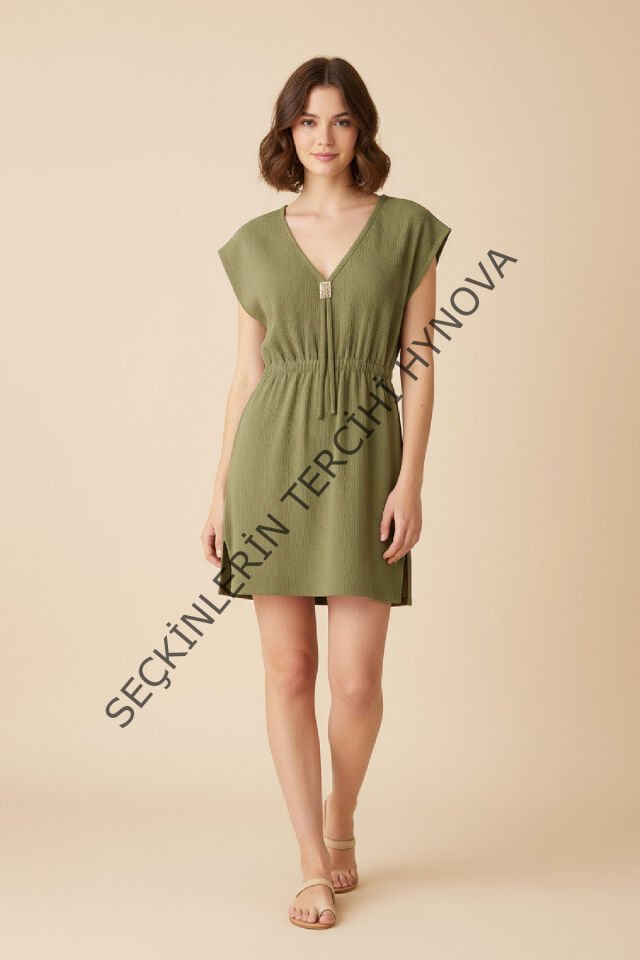 Kadın Haki Yanları Yırtmaçlı Tokalı V Yaka Mini Plaj Elbisesi