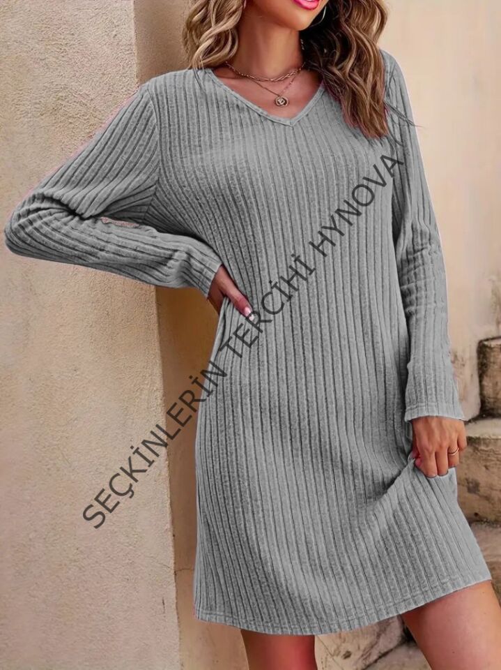 Kadın Uzun Kollu V Yakalı Kısa şardonlu Kaşkorse Elbise