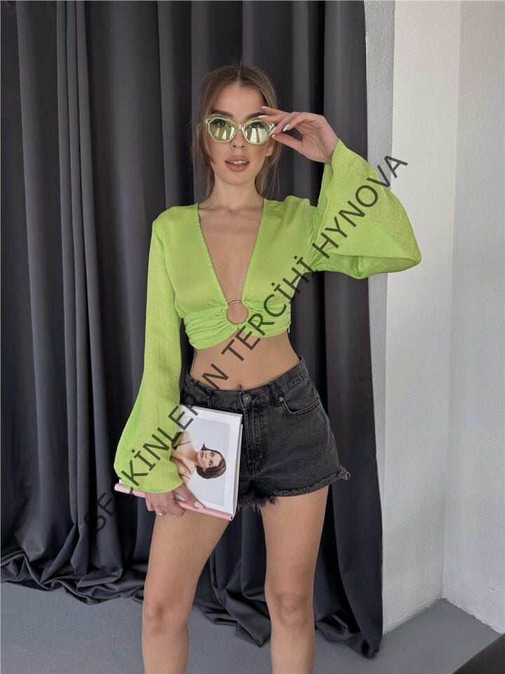 SATEN CROP TOKA DETAYLI BLUZ - Yeşil