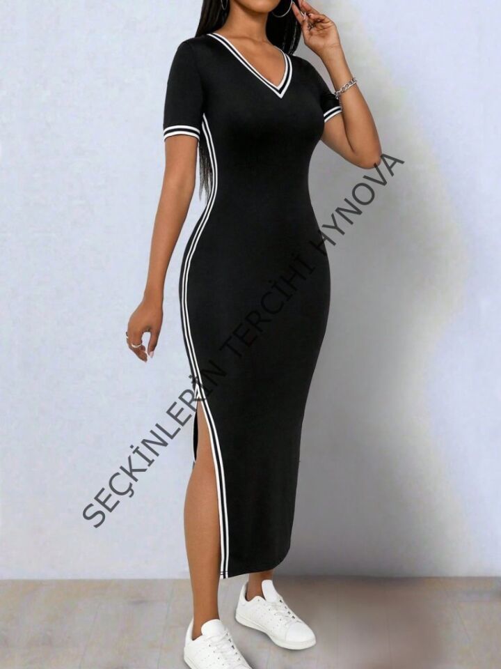 Kadın Kısa Kollu V Yakalı Yandan Yırtmaçlı Viskon Iki Iplik Elbise