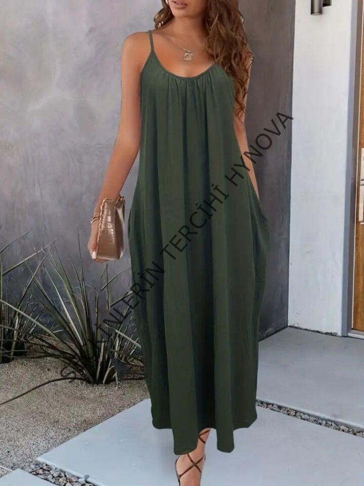 Kadın Ip Askılı Geniş V Yakalı Viskon Elbise