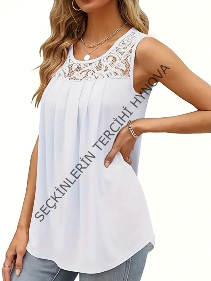 Kadın Askılı Yuvarlak Yaka Dantel Detaylı Viskon Bluz