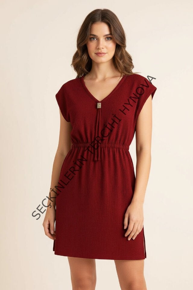 Kadın Bordo Yanları Yırtmaçlı Tokalı V Yaka Mini Plaj Elbisesi