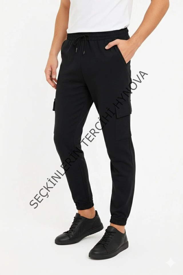 Erkek Siyah Jogger Eşofman Altı Rahat Kalıp, Kargo Cepli, Lastikli Paça, Günlük Spor Pantolon - Siyah