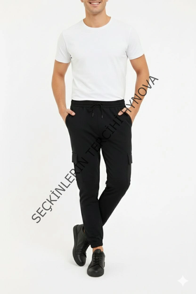 Erkek Siyah Jogger Eşofman Altı Rahat Kalıp, Kargo Cepli, Lastikli Paça, Günlük Spor Pantolon - Siyah