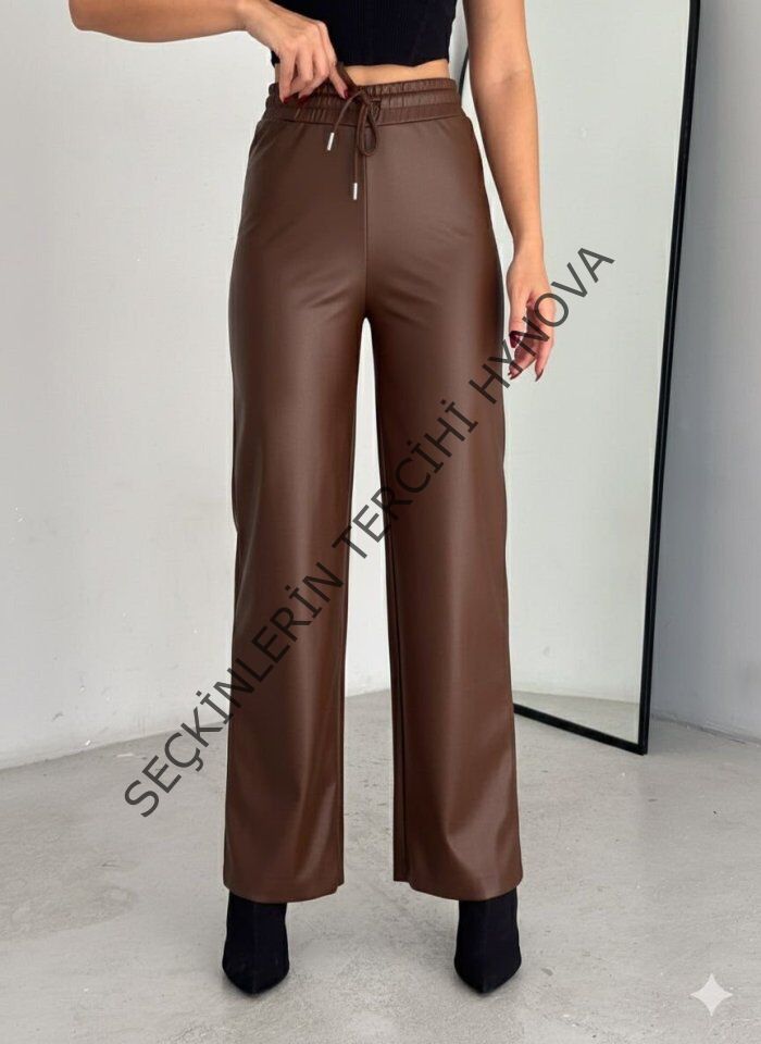 Yüksek Bel Geniş Paça Içi şardonlu Deri Pantolon.