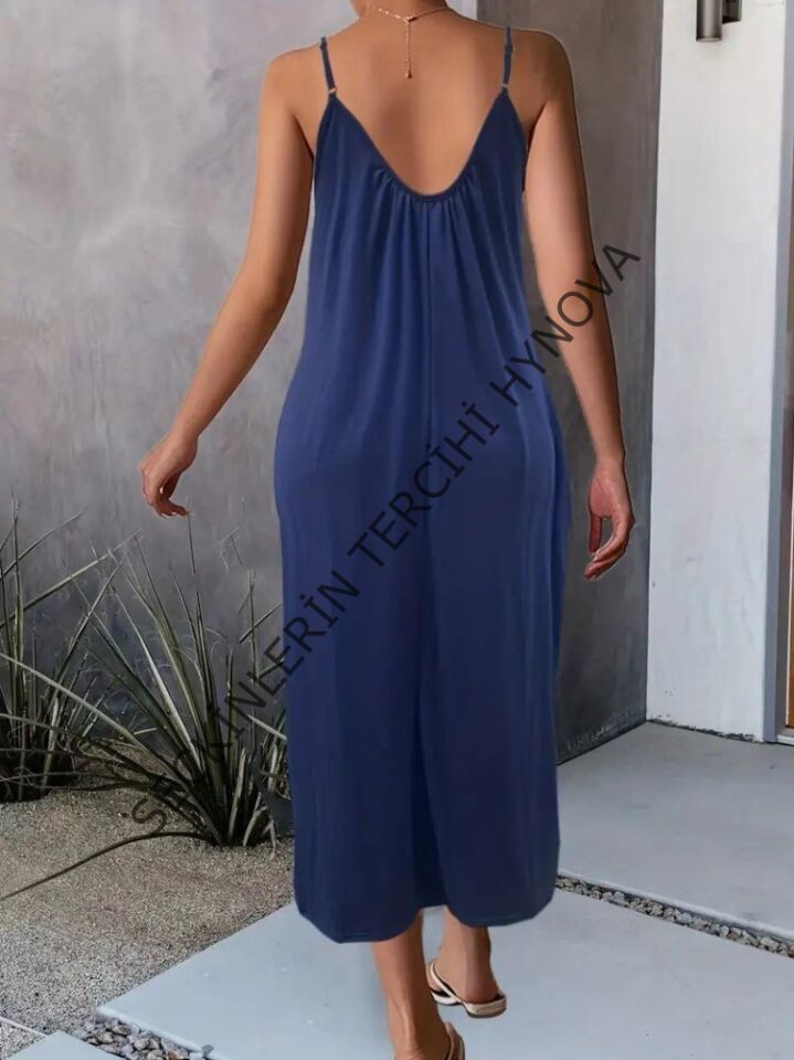 Kadın Ip Askılı Geniş V Yakalı Viskon Elbise