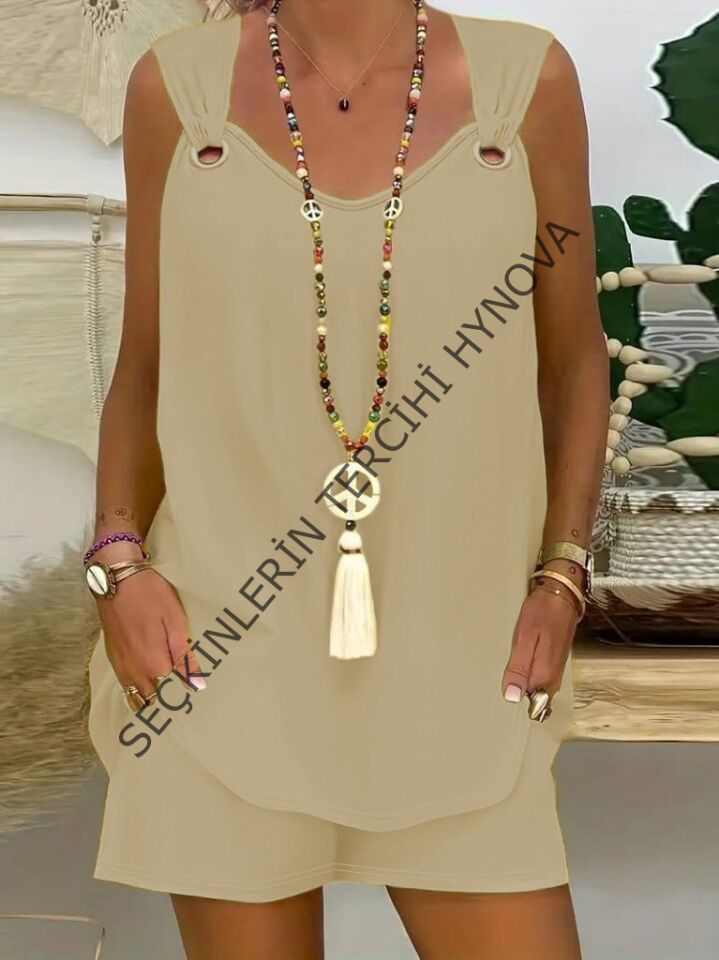 Kadın Kolsuz V Yaka Kuş Gözü Detay Bluz Short Aerobin Ikili Takım