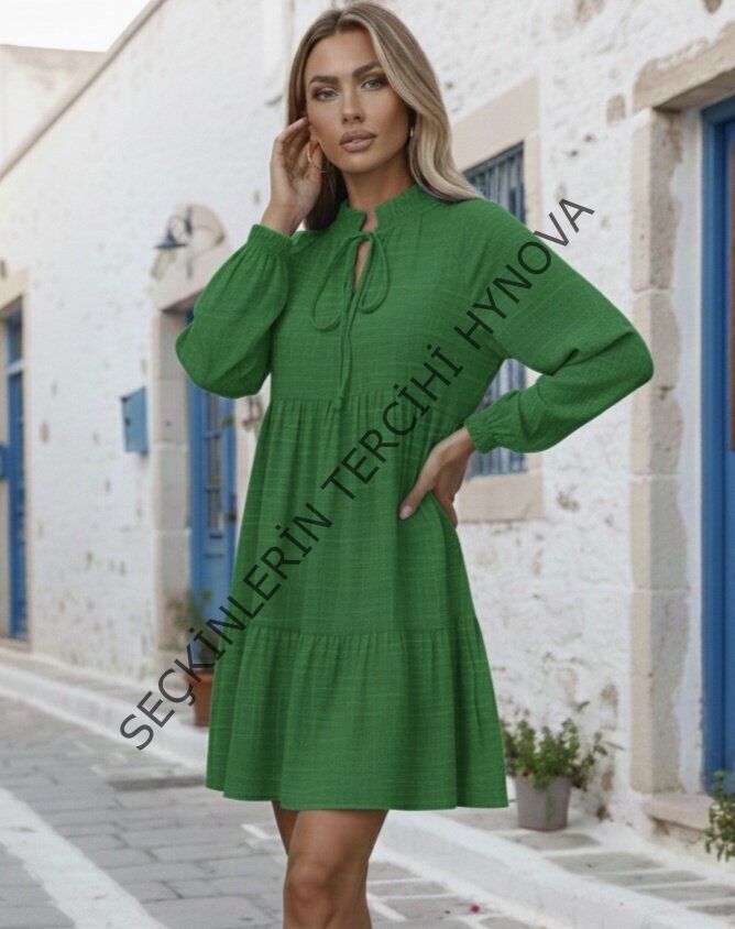 Kadın Uzun Kollu Yakadan Bağcıklı Fırfırlı Keten Mini Elbise