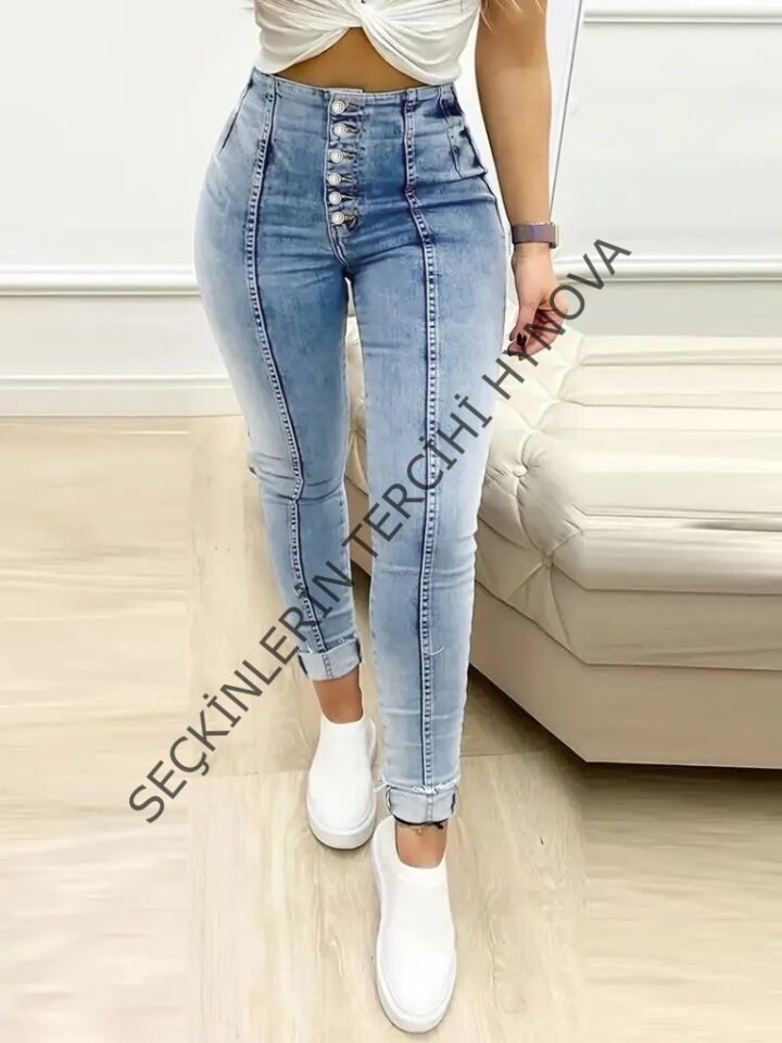 Kadın Yüksek Bel önden Düğmeli Jean Pantolon