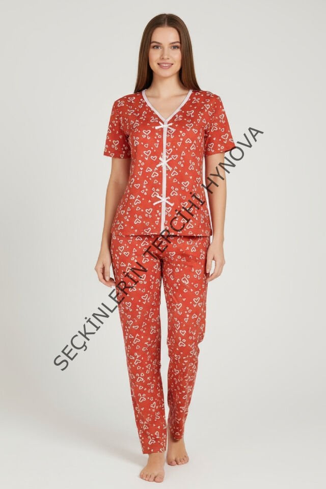 Kadın Turuncu Kalp Desenli Fiyonklu Kısa Kollu Uzun Pijama Takımı