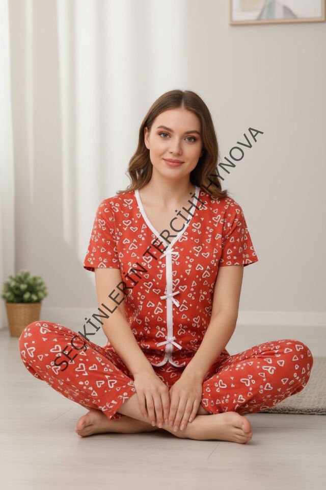 Kadın Turuncu Kalp Desenli Fiyonklu Kısa Kollu Uzun Pijama Takımı
