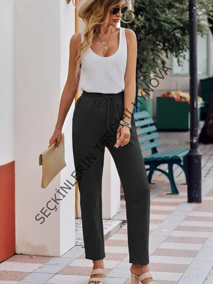 Kadın Beli Lastikli Keten Pantolon