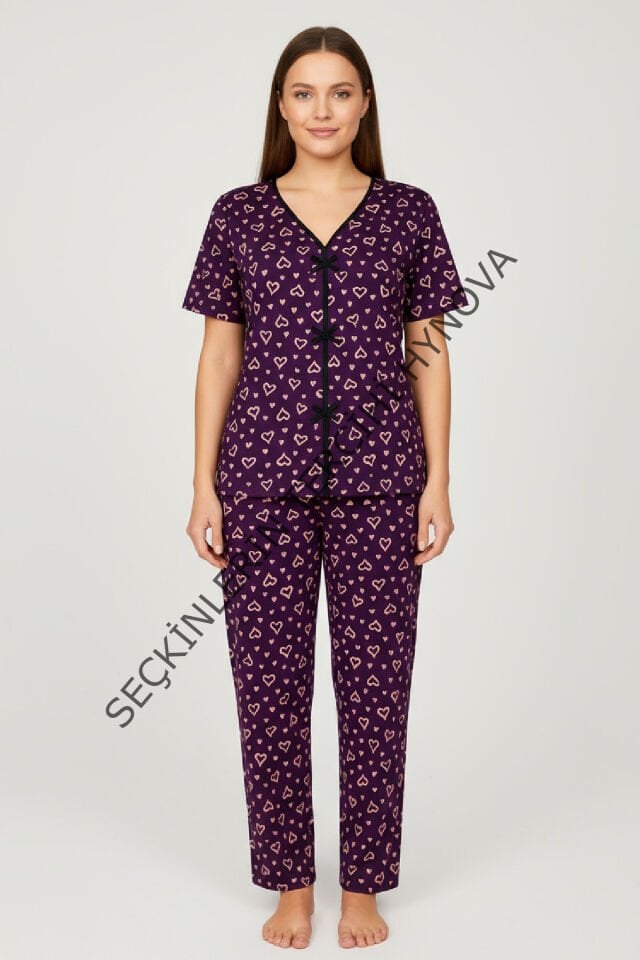 Kadın Mor Kalp Desenli Fiyonklu Kısa Kollu Uzun Pijama Takımı