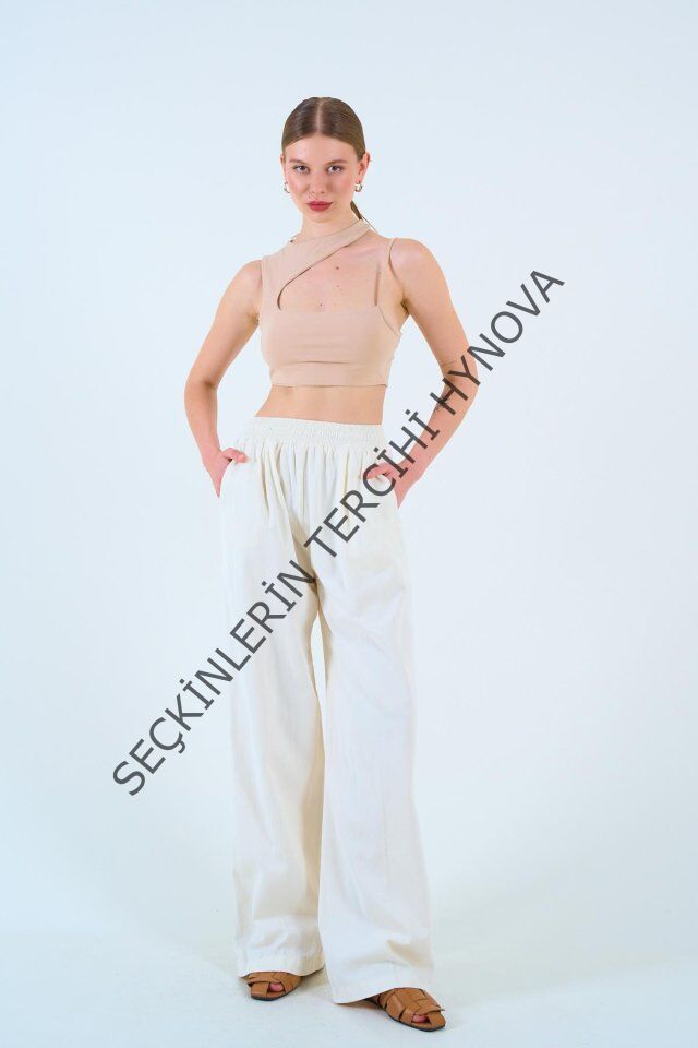 Beli Lastikli Palazo Pantolon - Taş