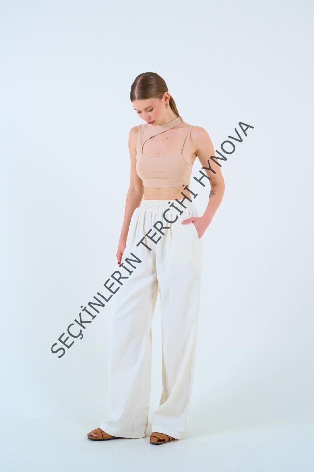 Beli Lastikli Palazo Pantolon - Taş