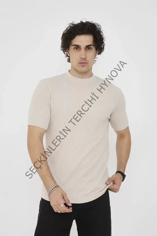 Unisex Bisiklet Yaka Slim Fit T-Shirt- Bej