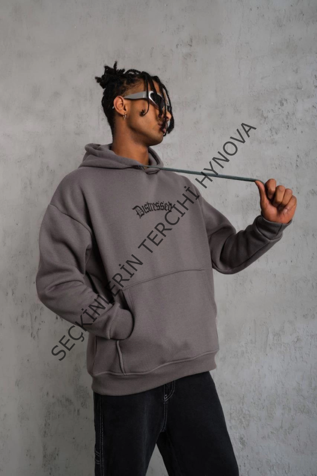 Erkek Üç İplik Baskılı Kapüşonlu Sweat - Gri