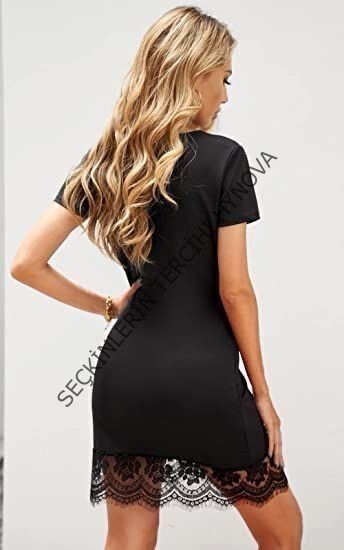 Kadın Kısa Kollu Kalp Yakalı Dantelli Dalgıç Elbise