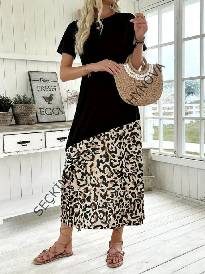 Kadın Kısa Kollu Bisiklet Yaka Leopar Detaylı Midi üst Viskon Alt Süprem Elbise