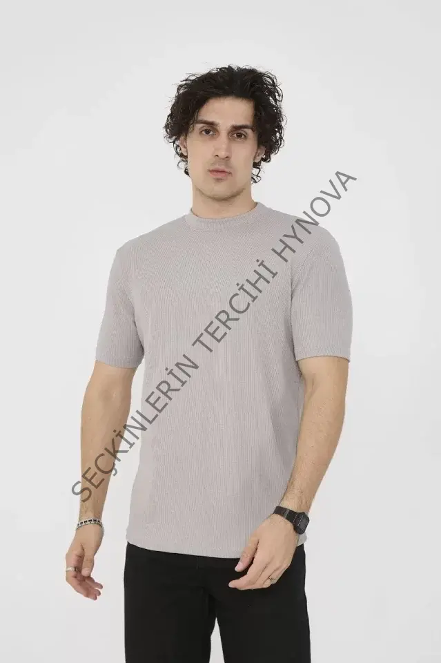 Unisex Bisiklet Yaka Slim Fit T-Shirt- Taş