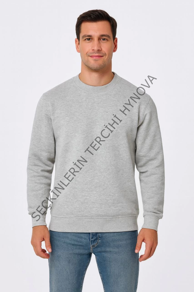 Erkek Üç İplik Düz Bisiklet Yaka SweatShirt - Gri