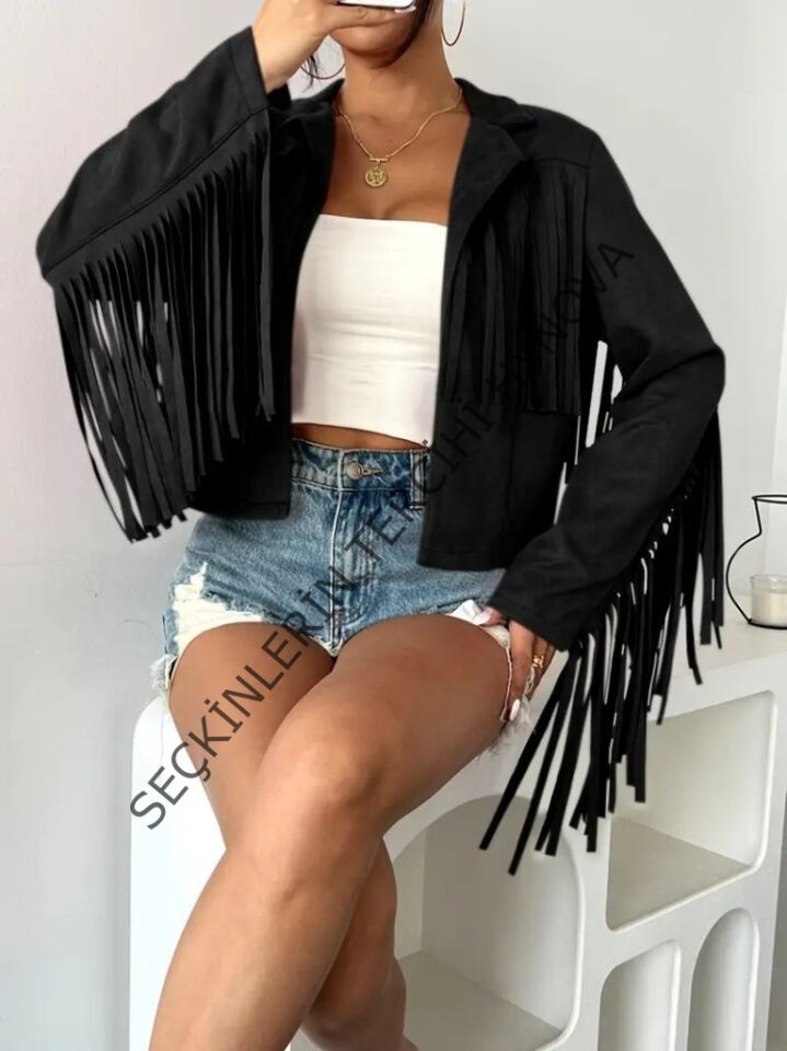 Kadın Uzun Kollu Yakalı Kısa Püsküllü Süet Ceket