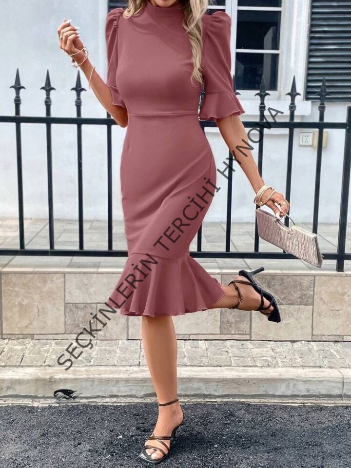 Kadın Kısa Kollu Yarı Balıkçı Yakalı Etek Ucu Fırfırlı Midi Ithal Krep Elbise