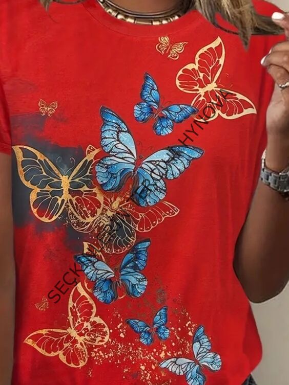 Kadın Kısa Kollu Mavi Sarı Kelebek Baskı Süprem Bluz