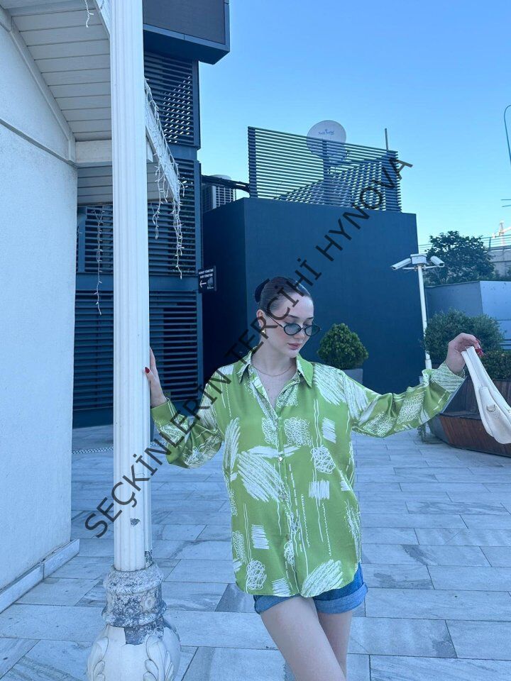 Kadın Uzun Kollu Dijital Baskılı Salaş Saten Gömlek