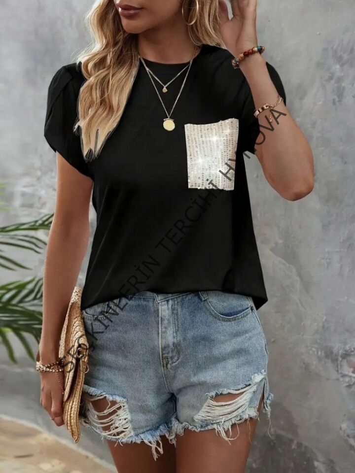 Kadın Kısa Kollu Bisiklet Yaka Cep Pul Payet Detay Viskon Bluz