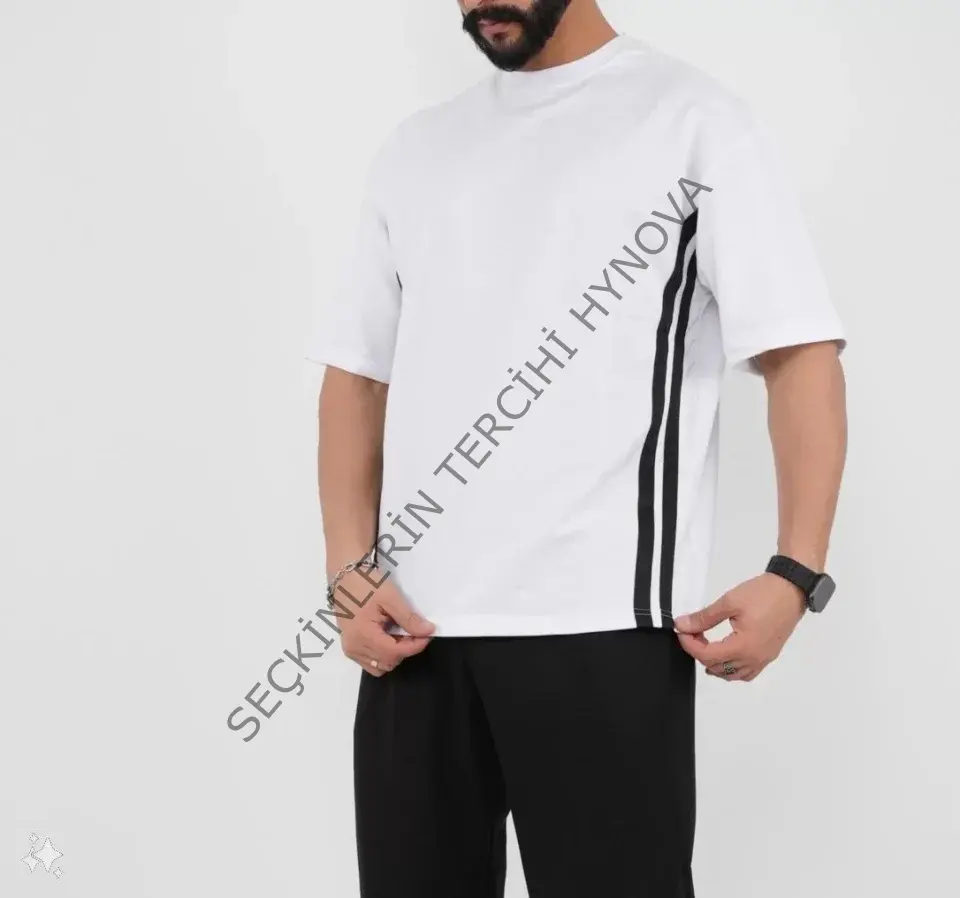 Unisex Oversize Yanları Şeritli T-Shirt - Beyaz