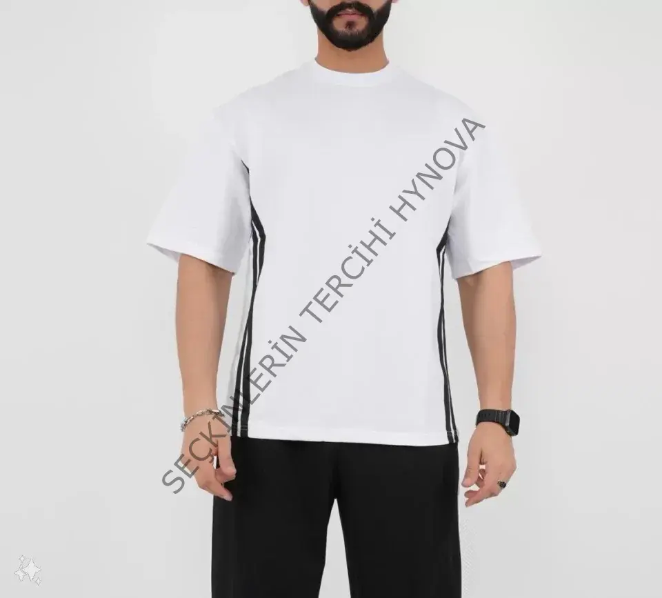 Unisex Oversize Yanları Şeritli T-Shirt - Beyaz