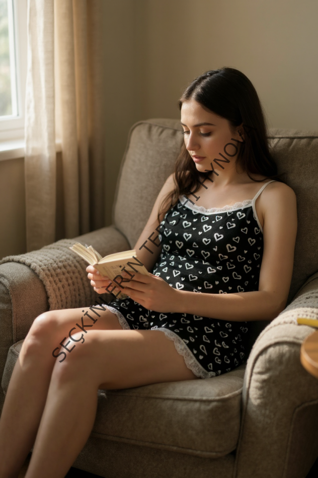 Kadın Siyah Kalp Desenli Askılı Şortlu Dantelli Pijama Takımı