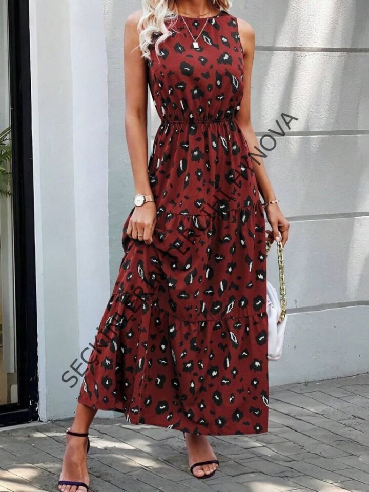 Kadın Kolsuz Bisiklet Yaka Beli Lastikli Desenli Süprem Elbise