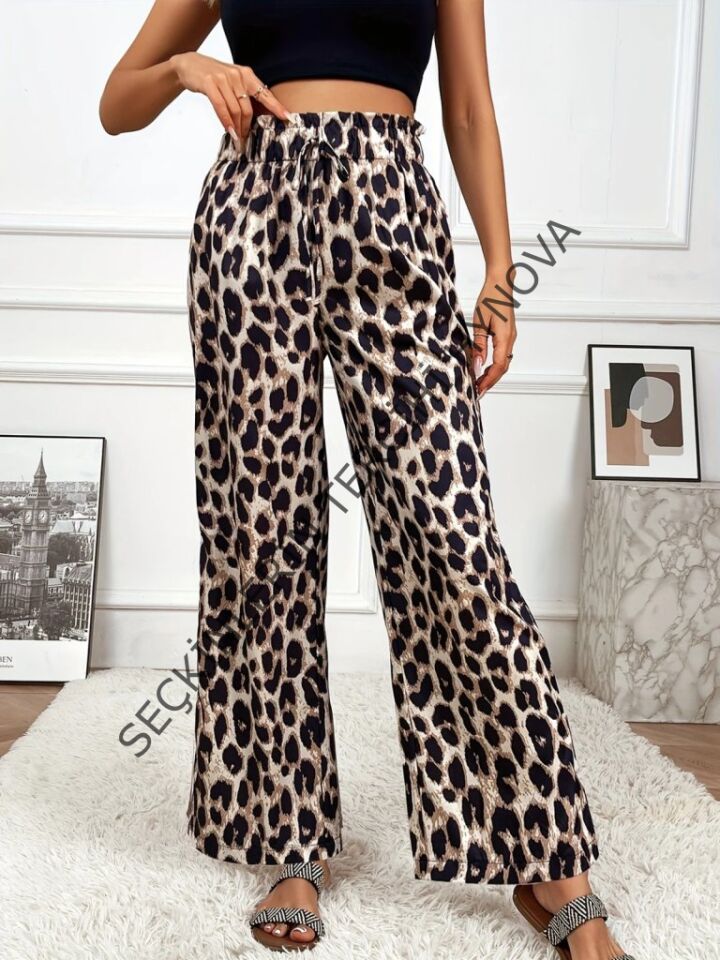 Kadın Yüksek Bel Beli Lastikli Bağcıklı Leopar Desenli Süprem Pantolon