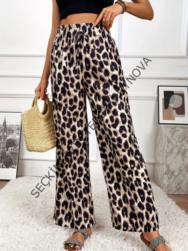 Kadın Yüksek Bel Beli Lastikli Bağcıklı Leopar Desenli Süprem Pantolon