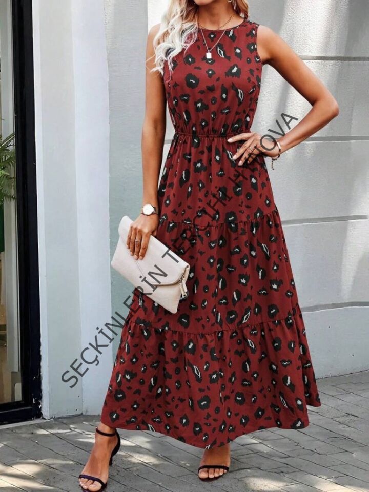 Kadın Kolsuz Bisiklet Yaka Beli Lastikli Desenli Süprem Elbise