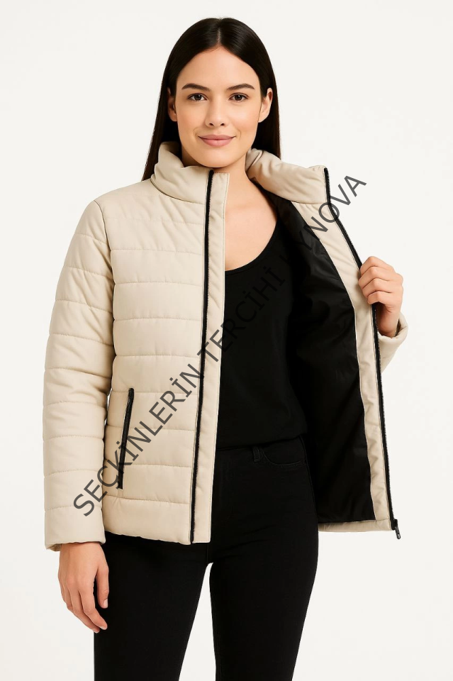 Bomber Mont Ceket – Su İtici Kumaş, Kapitone Astarlı, Fermuarlı, Kışlık - Bej