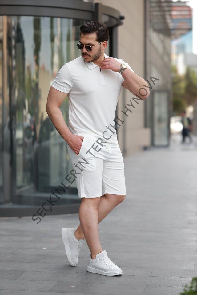 Erkek Yakalı Fermuarlı T-shirt şort Ikili Takım