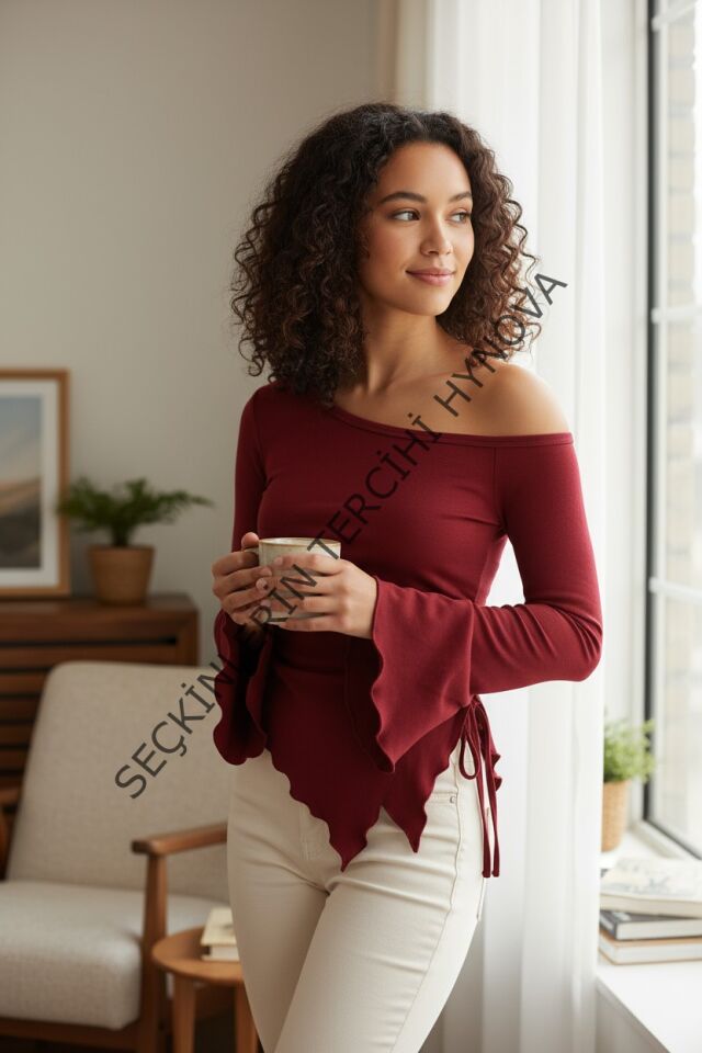 Kadın Bordo Uzun İspanyol Kollu Asimetirik Yaka Yandan Bağlamalı Drapeli Bluz