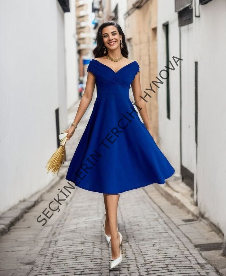 Kadın Kısa Kollu Kruvaze Yaka Eteği Volanlı Krep Elbise