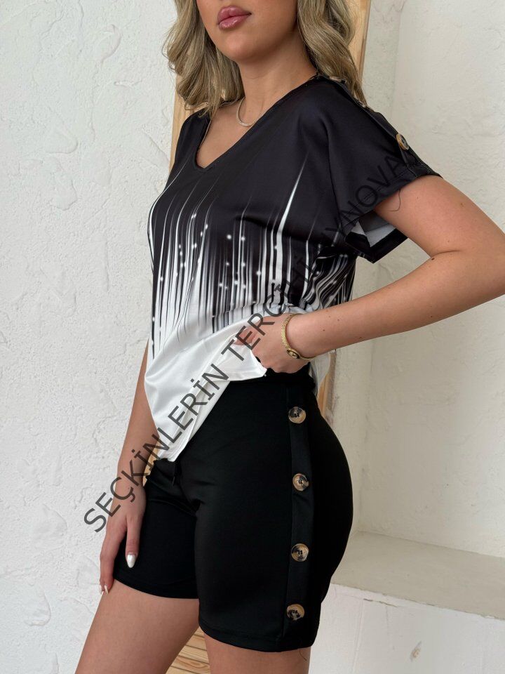 Kadın V Yaka Kısa Kol Kenarları Minik Yırtmaç Detaylı Dalgıç Bluz + Düğme Detaylı Dalgıç şort
