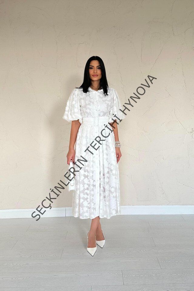 Ekru Kemerli Balon Kollu Elbise