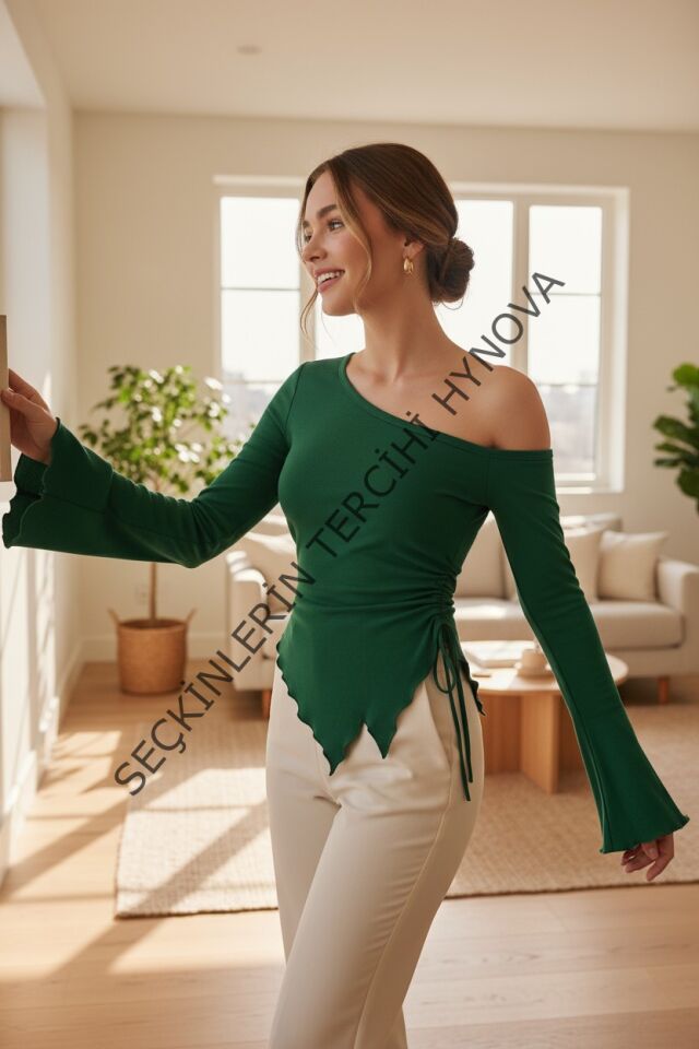 Kadın Yeşil Uzun İspanyol Kollu Asimetirik Yaka Yandan Bağlamalı Drapeli Bluz