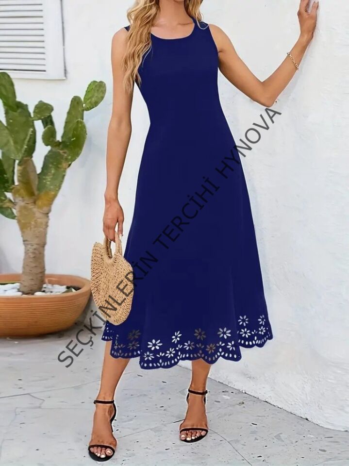 Kadın Kolsuz Etek Ucu Lazer Kesim çiçek Desenli Midi Boy Ithal Krep Elbise