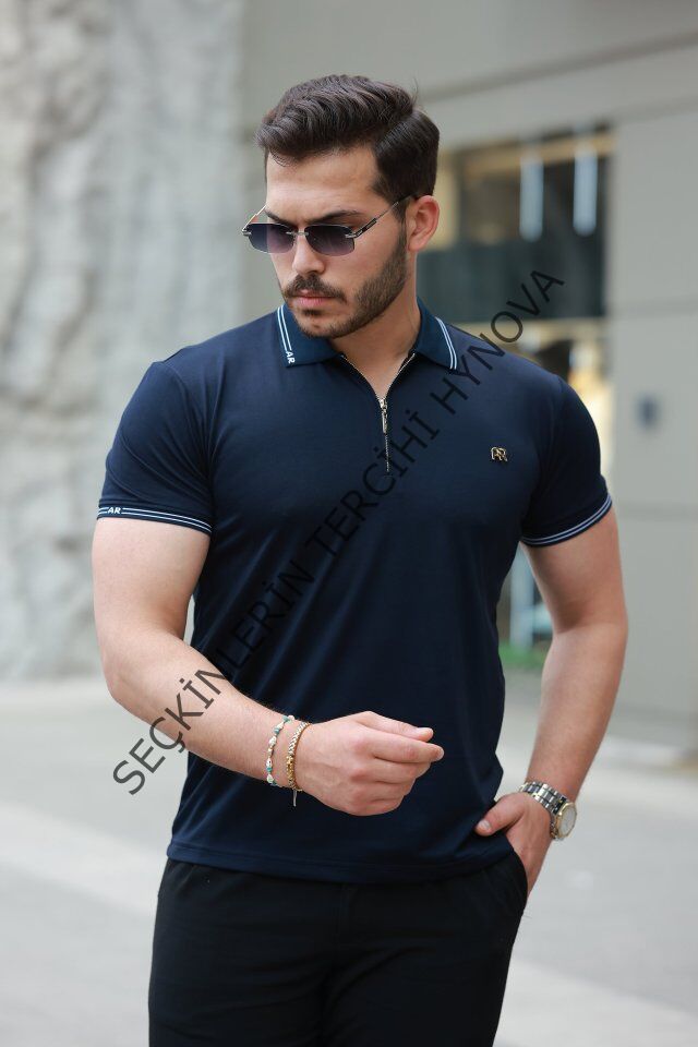 Erkek Yaka Ve Kolları çizgi Detaylı Fermuar Yakalı Kısa Kollu Tişört