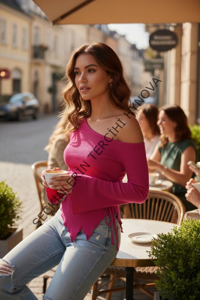 Kadın Fuşya Uzun İspanyol Kollu Asimetirik Yaka Yandan Bağlamalı Drapeli Bluz