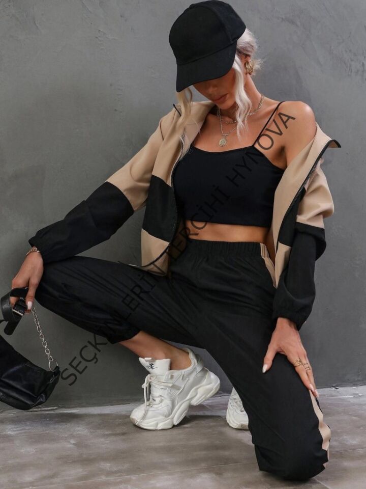 Kadın Uzun Kollu Kapşonlu önden Fermuarlı Viskon Iki Iplik Bluz Ve Pantolon Ikili Takım