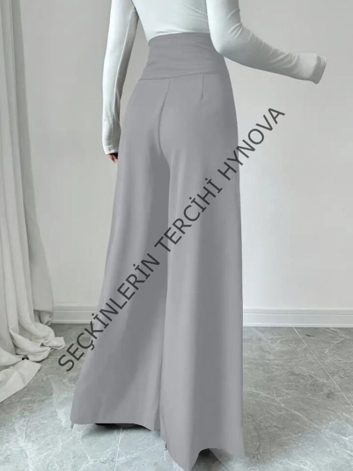 Kadın Yüksek Bel Düğmeli Geniş Paçalı Ithal Krep Pantolon